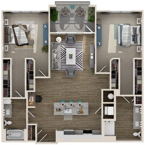 a 3d rendering of our 1 bedroom apartment at the residences at silver hill in suitland